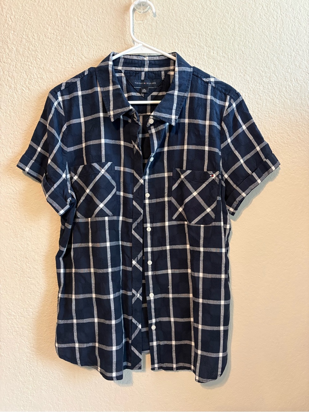 Tommy Hilfiger Navy and White Plaid Short-Sleeve Button-Down Shirt